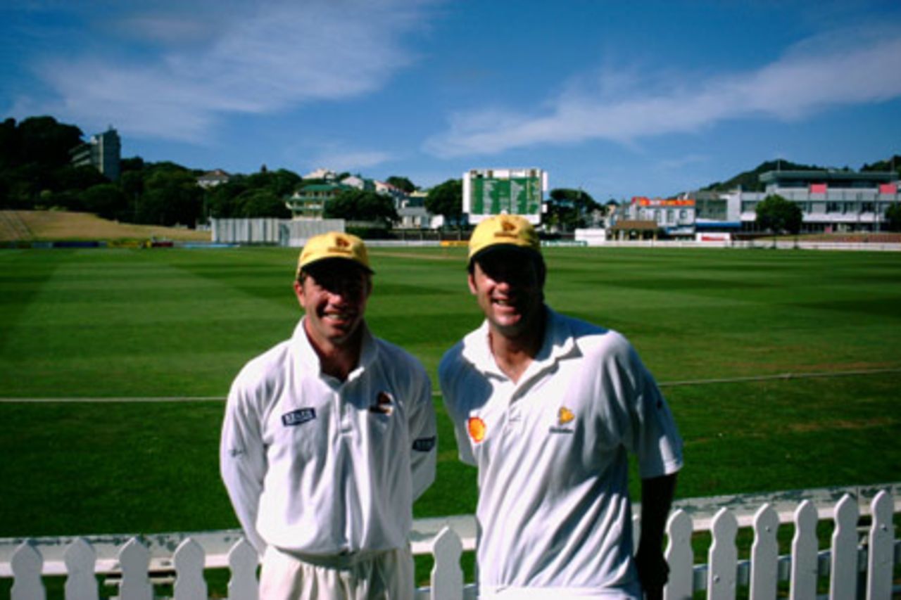 Richard Jones (188) and Stephen Mather (107) the day after sharing a partnership of 274, breaking the all-time Wellington 4th wicket partnership record which stood for 73 years. Shell Trophy: Wellington v Otago at Basin Reserve, Wellington, 15 January 2001.