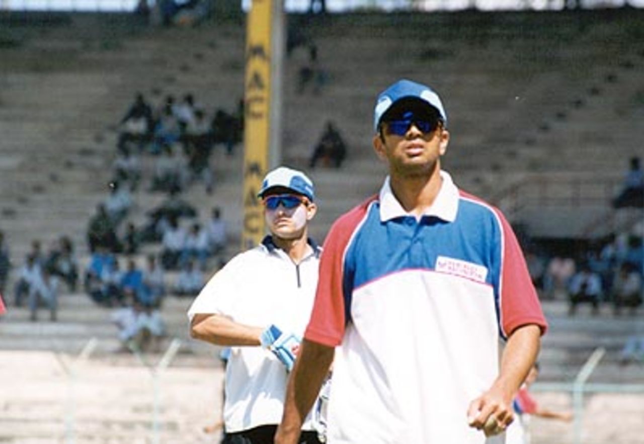 Rival skippers Dravid and Ganguly at practice before the final. Challenger Series 2000/01, Final, India v India 'A', MA Chidambaram Stadium, Chepauk, Chennai, 15 Feb 2001