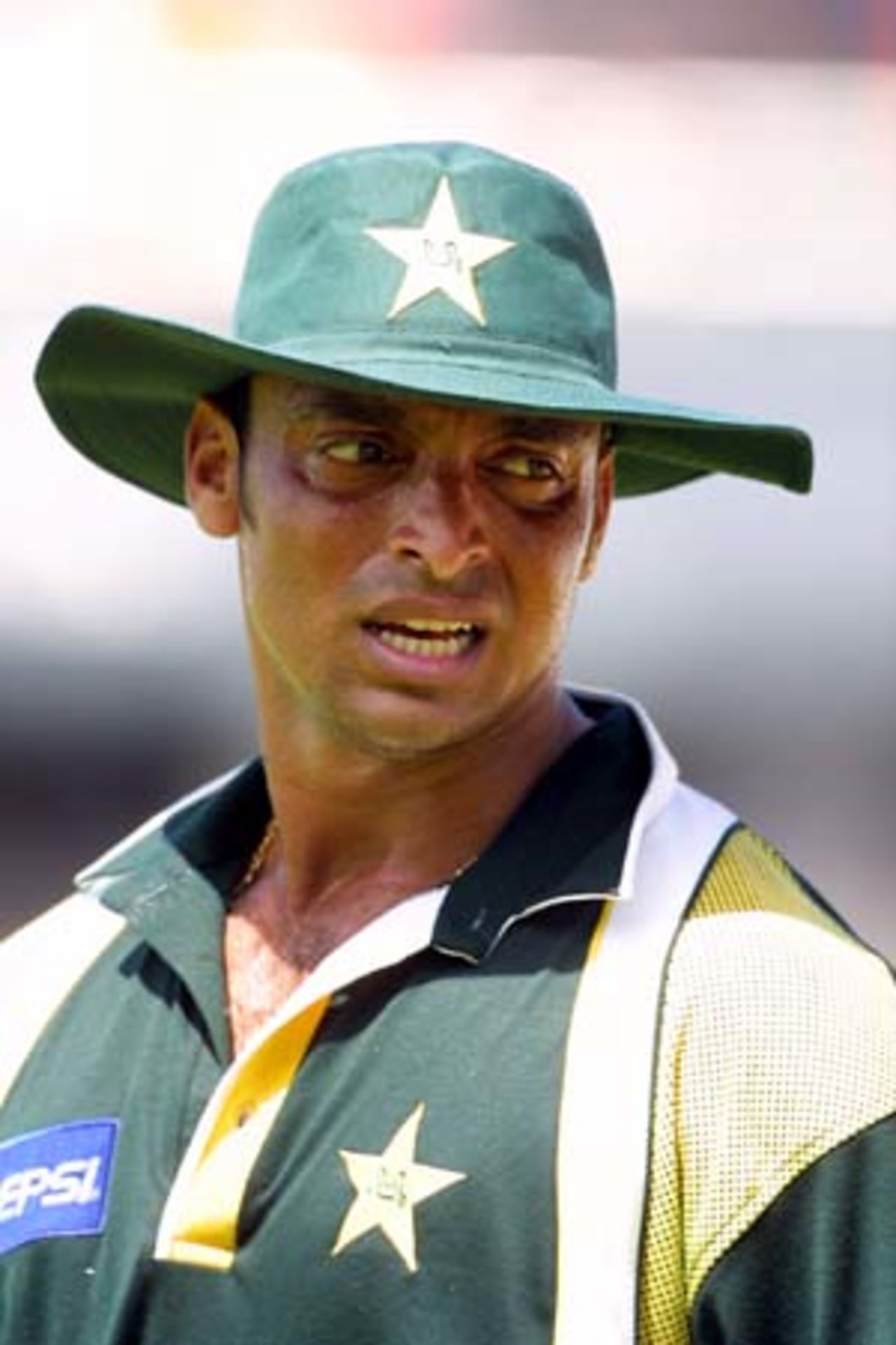 Pakistan fast bowler Shoaib Akhtar in the field during New Zealand's innings. Shoaib took 5-19 from 6.3 overs with the ball. 1st One-Day International: New Zealand v Pakistan at Eden Park, Auckland, 18 February 2001.