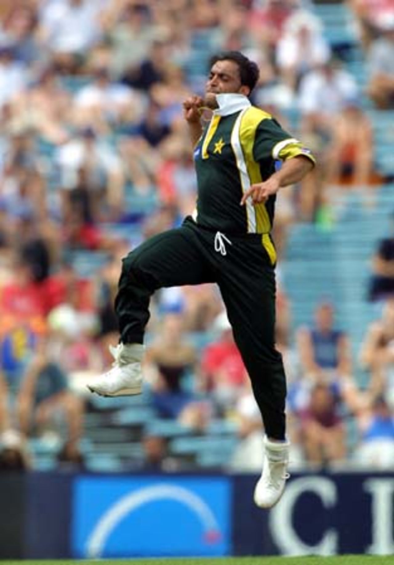 Pakistan fast bowler Shoaib Akhtar leaps in the air in celebration of bowling New Zealand lower order batsman Daniel Vettori for a golden duck. Vettori was Shoaib's third victim in a burst of five wickets for two runs in the space of 11 balls. Shoaib finished with figures of 5-19 from 6.3 overs, his first five-wicket bag in One-Day Internationals. 1st One-Day International: New Zealand v Pakistan at Eden Park, Auckland, 18 February 2001.