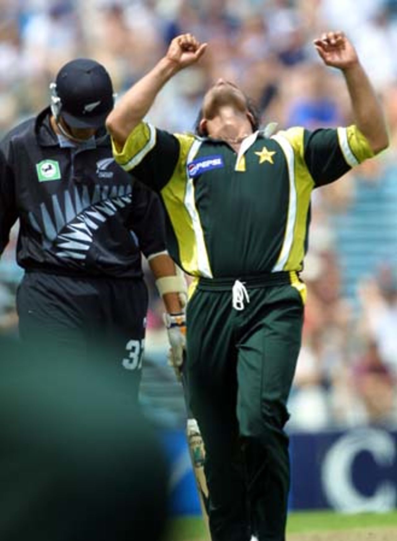 Pakistan fast bowler Shoaib Akhtar looks skyward in celebration of bowling New Zealand batsman Jacob Oram for 16. Oram was Shoaib's first victim in a burst of five wickets for two runs in the space of 11 balls. Shoaib finished with figures of 5-19 from 6.3 overs, his first five-wicket bag in One-Day Internationals. 1st One-Day International: New Zealand v Pakistan at Eden Park, Auckland, 18 February 2001.
