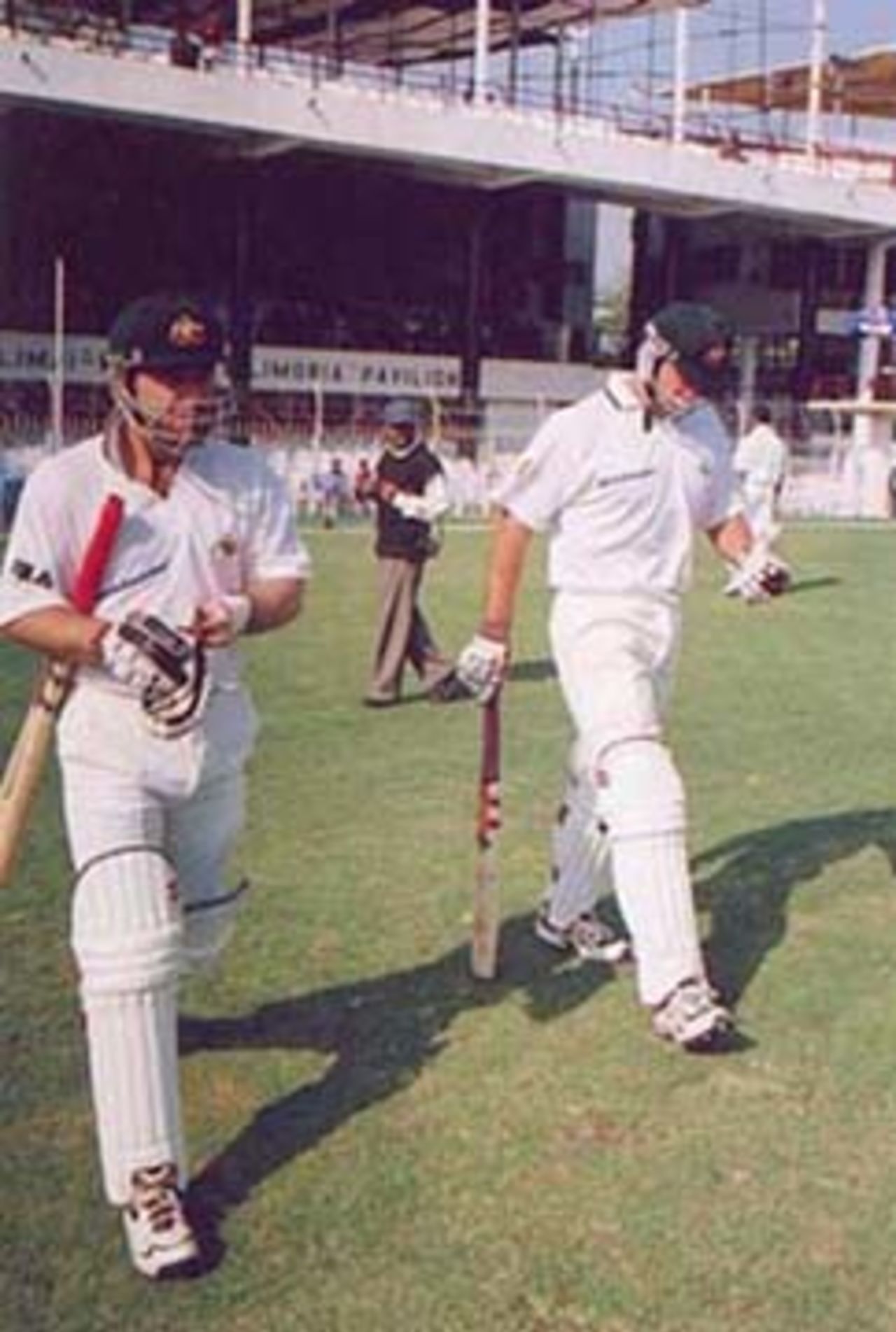 Slater and Hayden walk out against India A to kick off the Australian tour , Australia in India 2000/01, India 'A' v Australia, Vidarbha C.A. Ground, Nagpur, 17-19 Feb 2001 (Day 1)