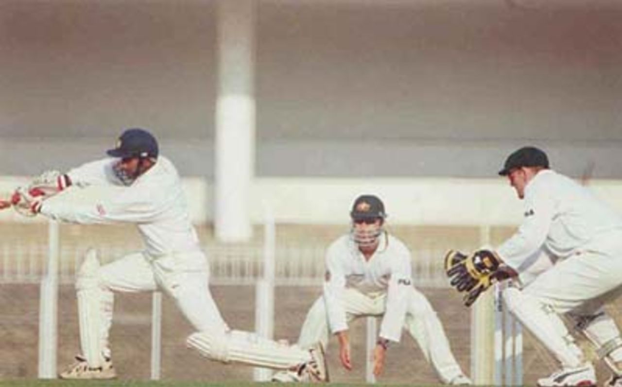 Ramesh leaning into an elegantly executed offdrive, Australia in India 2000/01, India 'A' v Australia, Vidarbha C.A. Ground, Nagpur, 17-19 Feb 2001 (Day 1)