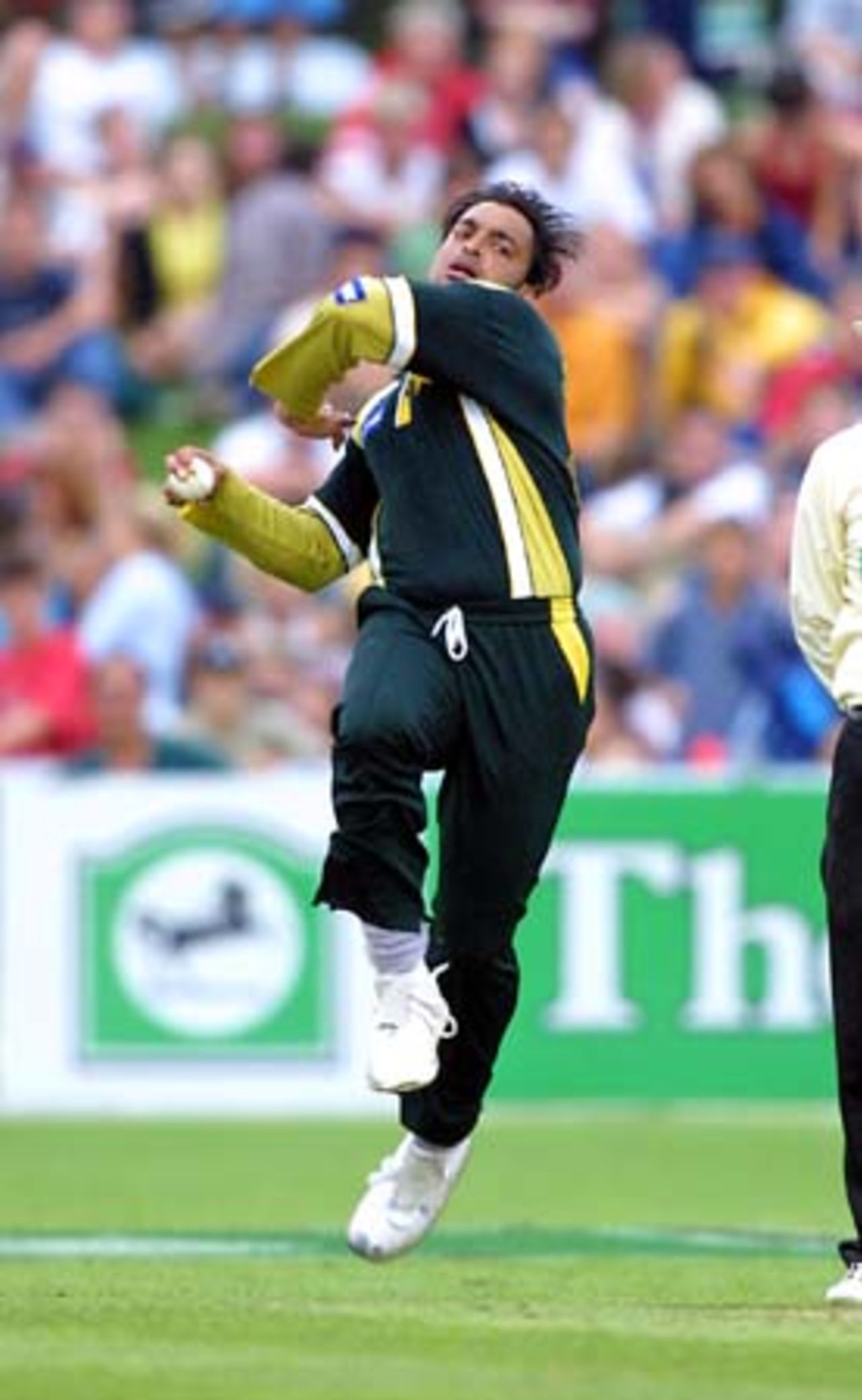 Pakistan fast bowler Shoaib Akhtar delivers a ball around the wicket in his first over. Shoaib left the field with a strained left quadricep muscle after three balls of his second over. 2nd One-Day International: New Zealand v Pakistan at McLean Park, Napier, 20 February 2001.
