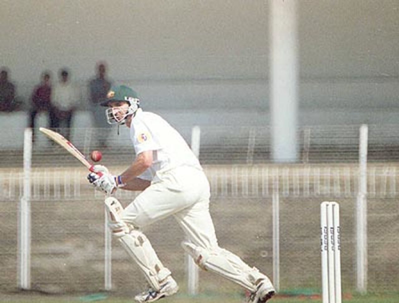 Jason Gillespie plays off his legs, Australia in India, 2000/01, India 'A' v Australians, Vidarbha C.A. Ground, Nagpur, 17-19 February 2001 (Day 2).