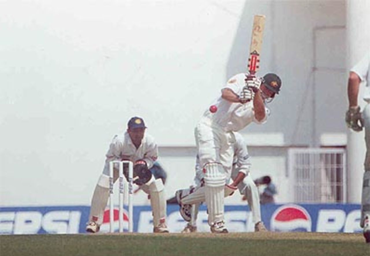 Matthew Hayden steps out to play an ondrive, Australia in India, 2000/01, India 'A' v Australians, Vidarbha C.A. Ground, Nagpur, 17-19 February 2001 (Day 2).