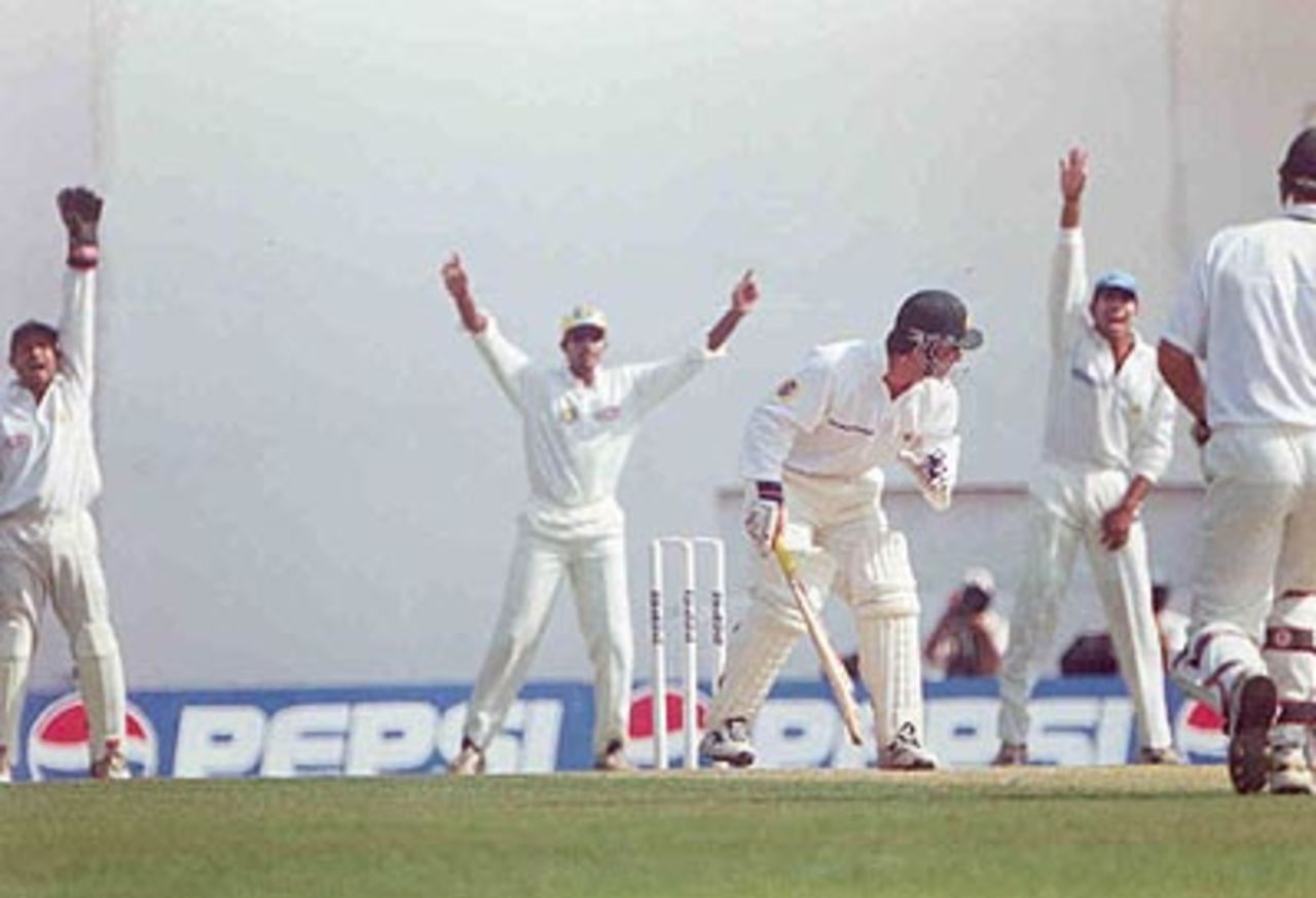 Justin Langer survives a loud appeal by the close cordon, Australia in India, 2000/01, India 'A' v Australians, Vidarbha C.A. Ground, Nagpur, 17-19 February 2001 (Day 2).