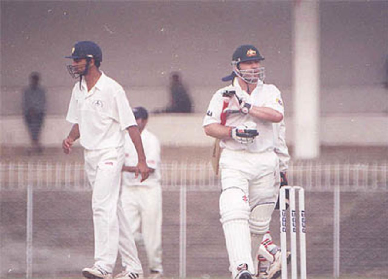 Michael Slater falls cheaply again, caught off Harbhajan, Australia in India, 2000/01, India 'A' v Australians, Vidarbha C.A. Ground, Nagpur, 17-19 February 2001 (Day 2).