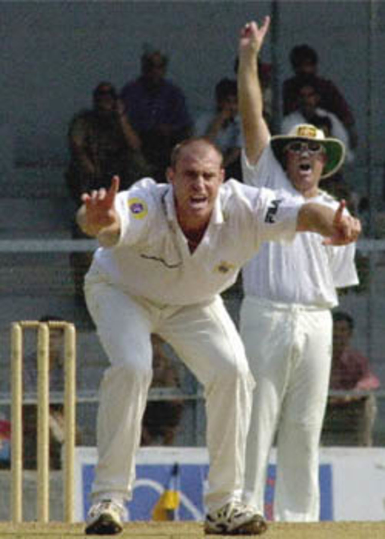 Australian cricketer Mathew Hayden (L) and teammate Shane Warne appeal for an LBW at Bombay's Vinayak Mane, 22 February 2001, during a three-day warm-up match prior to their three-Test series against India. McGrath raised the stakes for the upcoming series against India, saying 22 February that Indian player Sachin Tendulkar feigned injury to avoid an early confrontation with him.