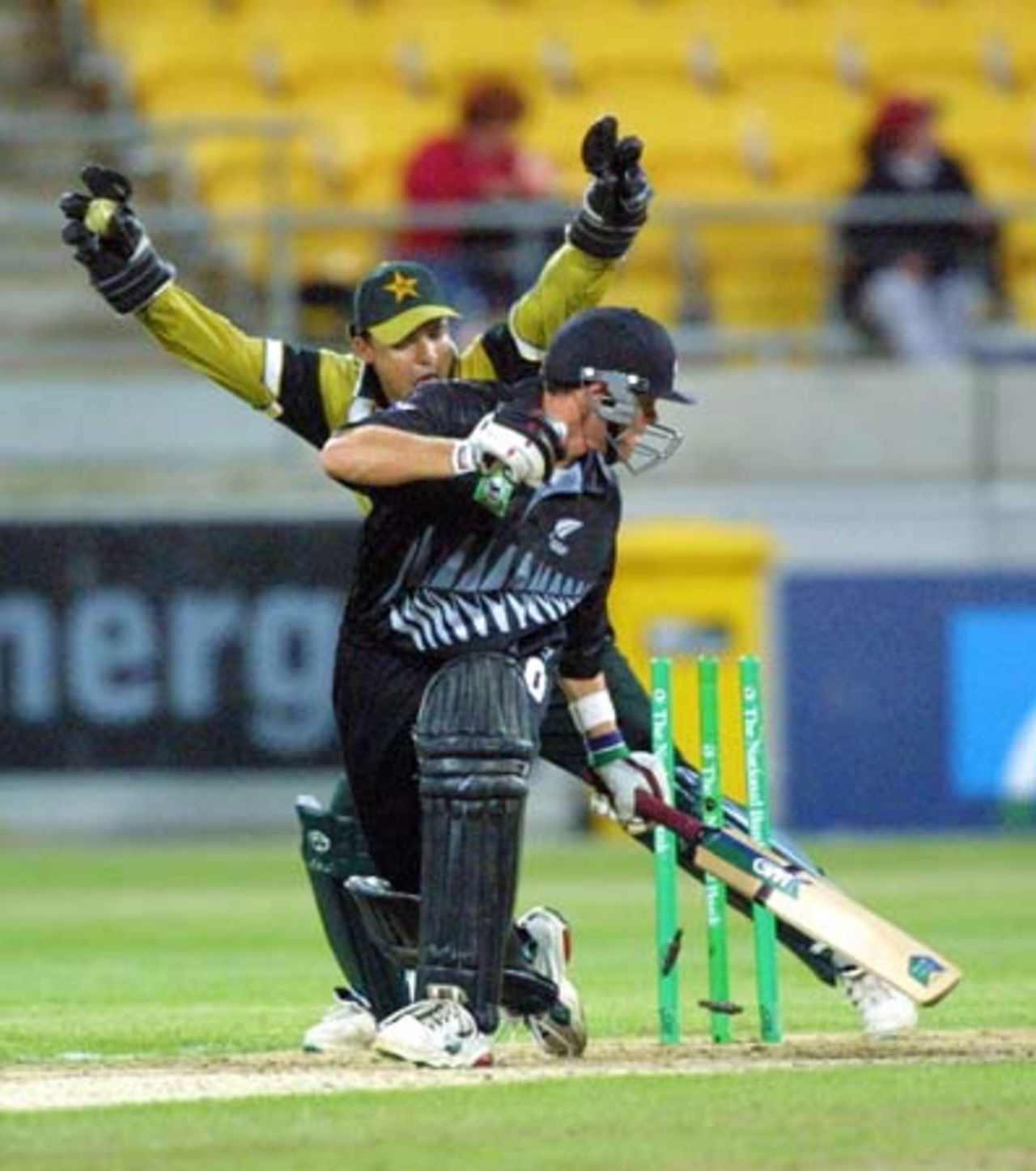New Zealand batsman Lou Vincent tries to regain his ground as he misses a delivery down the leg side from Pakistan off spinner Saqlain Mushtaq. Wicket-keeper Moin Khan appeals for the stumping, which is referred to third umpire Steve Dunne, who adjudges Vincent out for 34. 3rd One-Day International: New Zealand v Pakistan at WestpacTrust Stadium, Wellington, 22 February 2001.