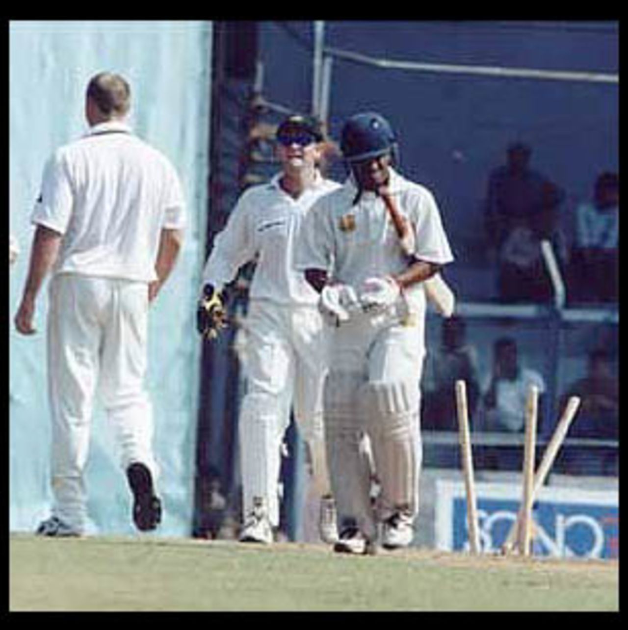 Vinayak Mane's wickets have just been rearranged by Matthew Hayden. Australia in India, 2000/01, Mumbai v Australians, Brabourne Stadium, Mumbai, 22-24 February 2001 (Day 1).