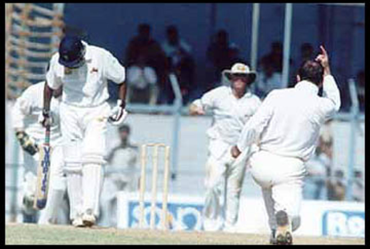 Ponting exults after winning a leg before shout against Bahutule. Australia in India, 2000/01, Mumbai v Australians, Brabourne Stadium, Mumbai, 22-24 February 2001 (Day 1).