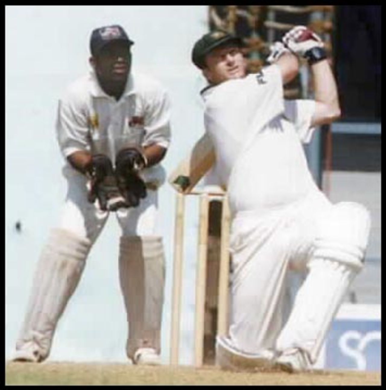 Waugh plays his characteristic slog on bended knee, Australia in India 2000/01, Mumbai v Australians, Brabourne Stadium, Mumbai, 22-24 Feb 2001 (Day 2)