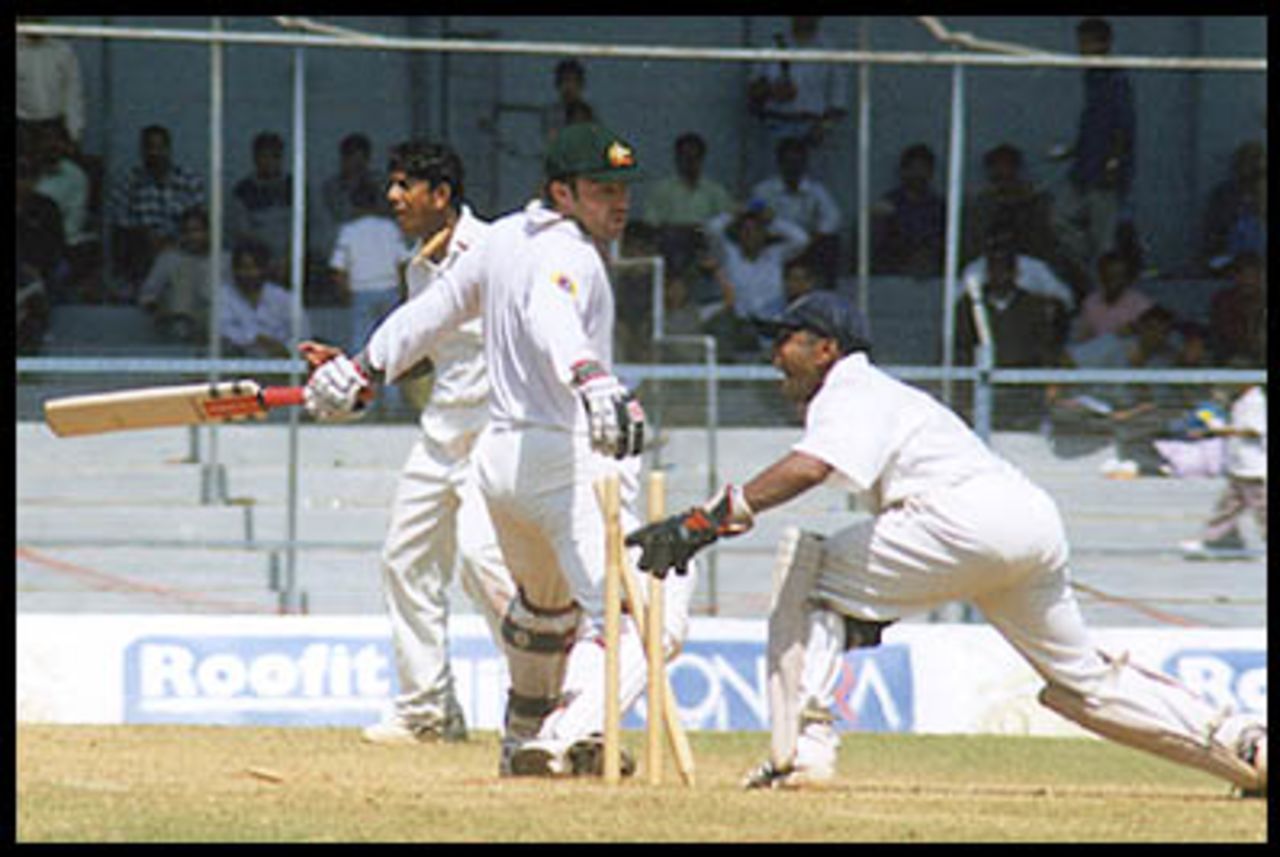 Dighe effects a fine stumping off Bahutule to send back Slater. Australia in India 2000/01, Mumbai v Australians, Brabourne Stadium, Mumbai, 22-24 Feb 2001 (Day 3).