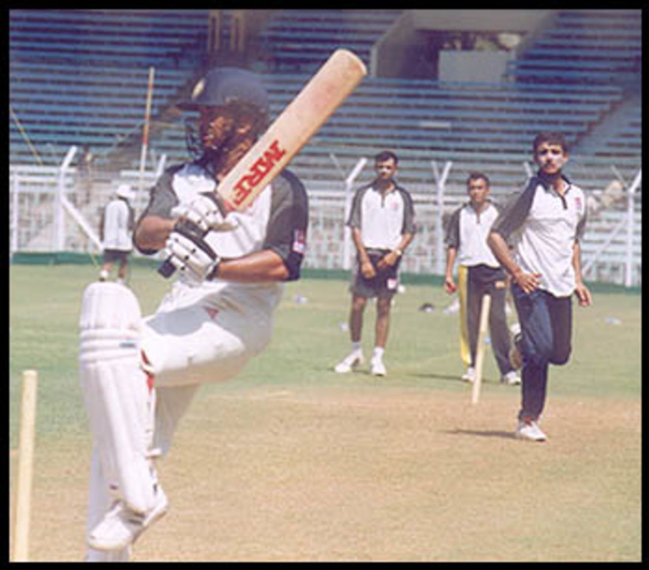 Tendulkar pulls a ball from Ganguly at the nets, 23 Feb 2001.