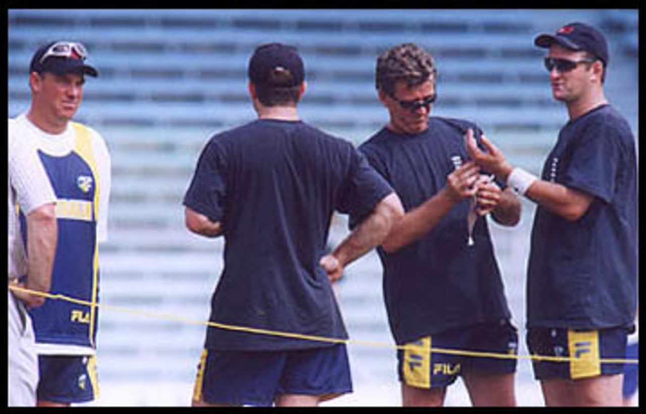 The Aussies at a training session on the eve of the Mumbai Test at Wankhede Stadium, 26 Feb 2001.