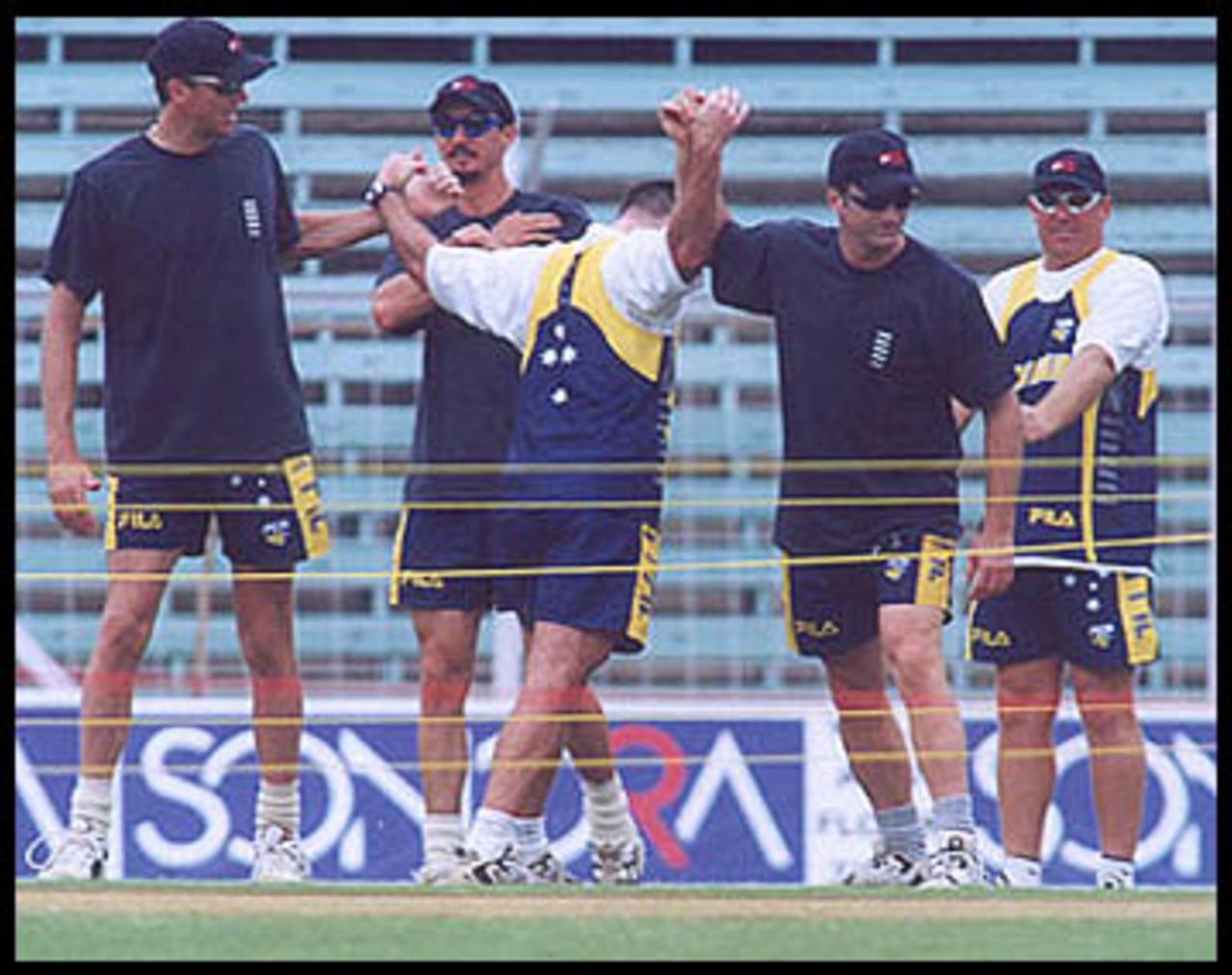 The Aussies limbering up for the big event at Wankhede Stadium, 26 Feb 2001