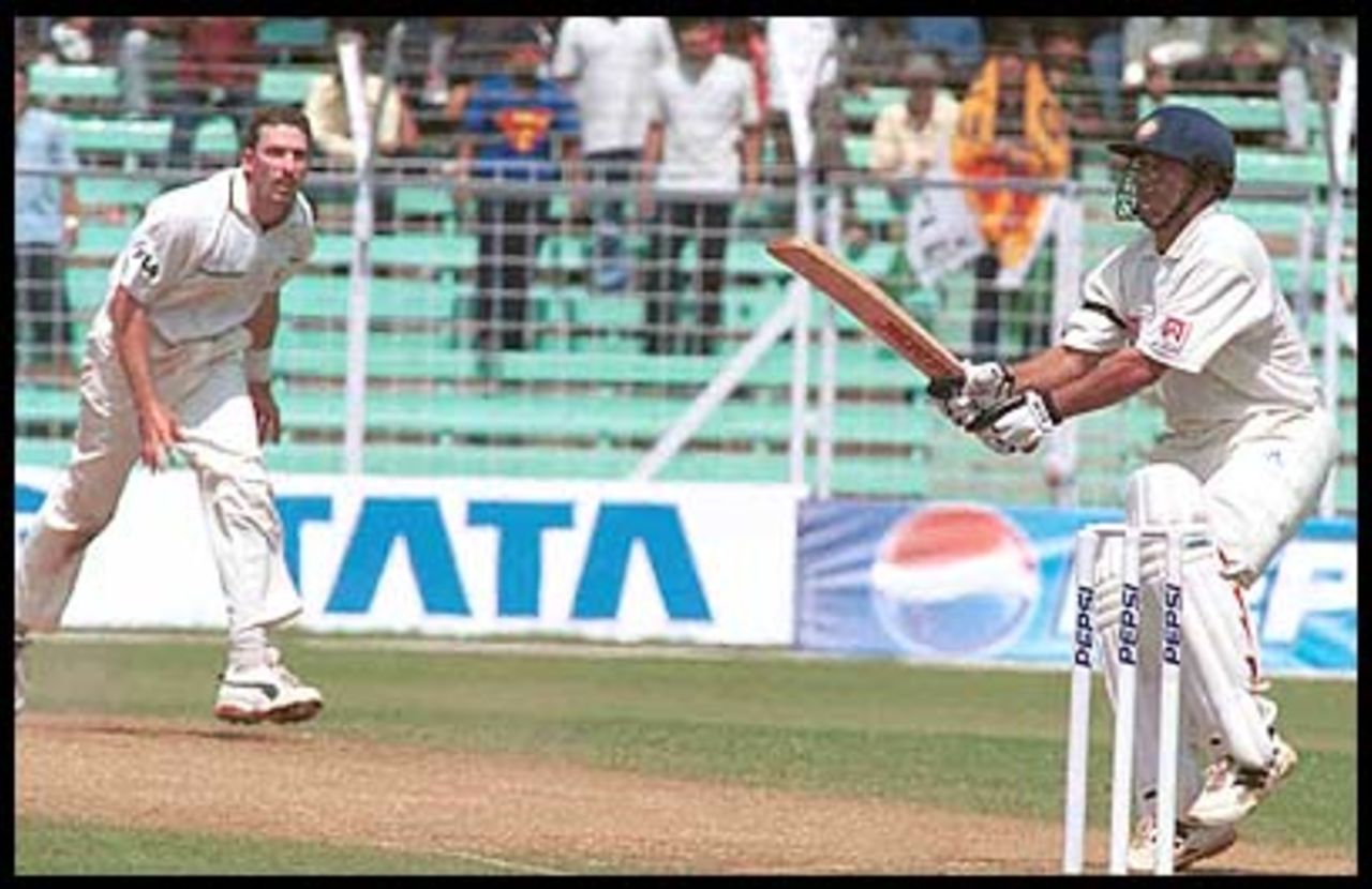Tendulkar forces Fleming on the on-side for one of his 13 boundaries. Australia in India 2000/01, 1st Test, India v Australia, Wankhede Stadium, Mumbai 27Feb-03Mar 2001 (Day 1)