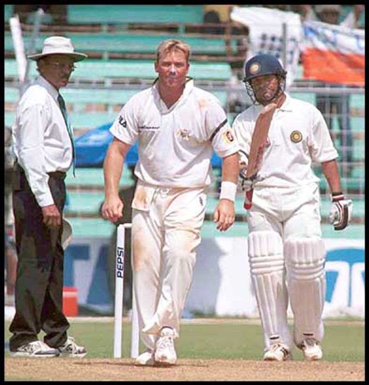 Tendulkar raises his bludgeoning willow after posting his fifty. Australia in India 2000/01, 1st Test, India v Australia, Wankhede Stadium, Mumbai 27Feb-03Mar 2001 (Day 1)