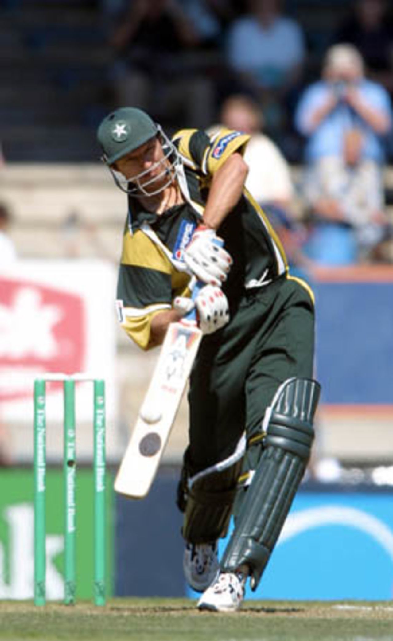 Pakistan opening batsman Shahid Afridi prepares to hit a ball over mid off during his innings of 65. 5th One-Day International: New Zealand v Pakistan, Carisbrook, Dunedin, 28 February 2001.
