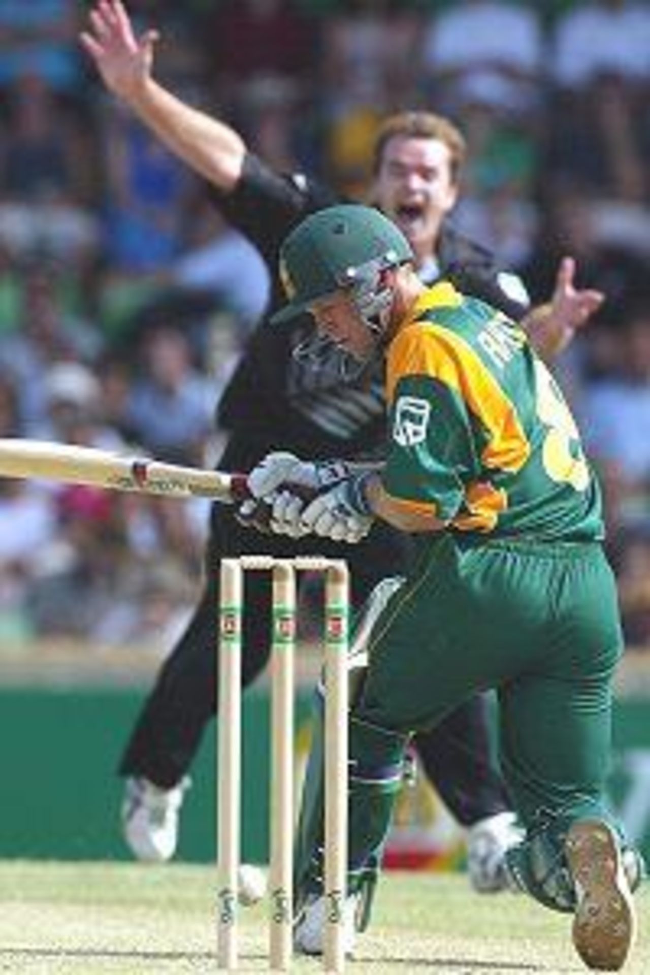 1 Feb 2002: Jonty Rhodes of South Africa keeps a close eye on the ball as it bounces from his pad close to the stumps, while Dion Nash of New Zealand unsuccessfully appeals for LBW, during the VB Series One Day International between South Africa and New Zealand, played a the WACA Ground, Perth, Australia.