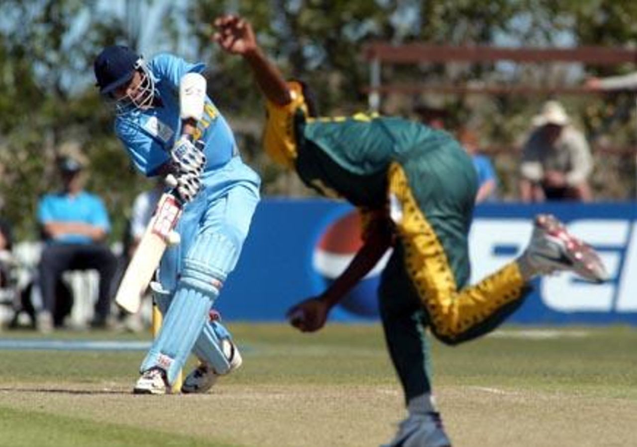 India Under-19 batsman Maninder Bisla lofts a delivery from South Africa Under-19 bowler Brendon Reddy on the leg side during his innings of 37. 1st ICC Under-19 World Cup Super League Semi Final: India Under-19s v South Africa Under-19s at Bert Sutcliffe Oval, Lincoln, 3 February 2002.