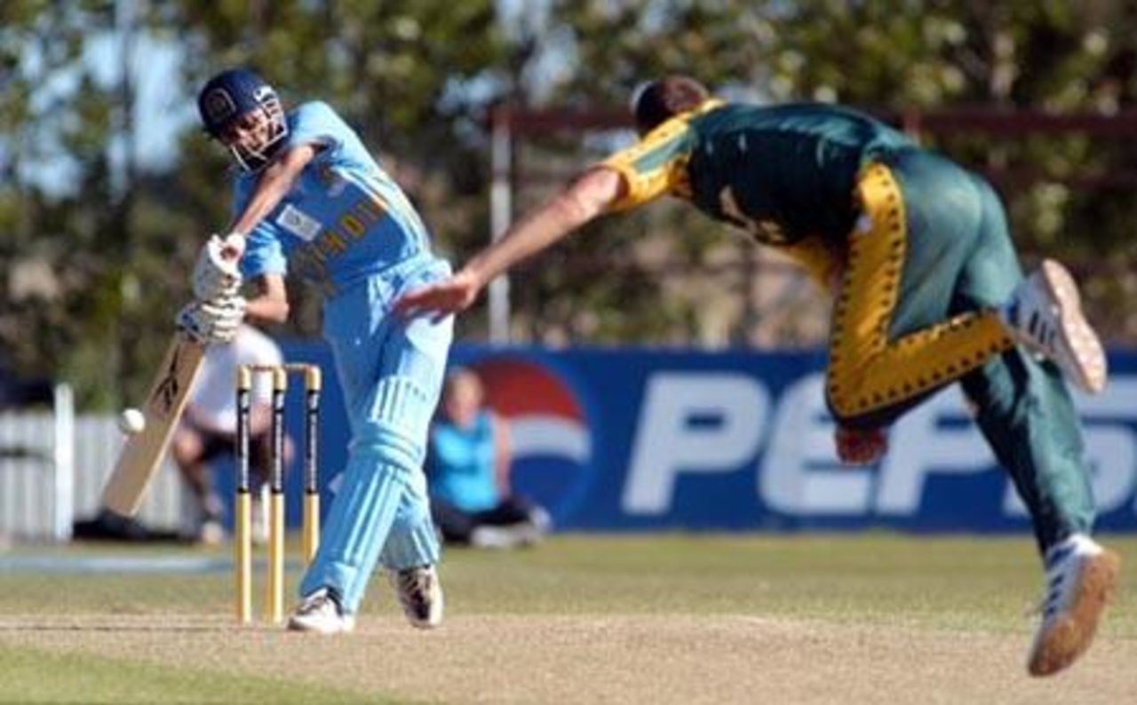 India Under-19 batsamn Siddharth Trivedi plays and misses a delivery from South Africa Under-19 bowler Ryan McLaren during his innings of two. 1st ICC Under-19 World Cup Super League Semi Final: India Under-19s v South Africa Under-19s at Bert Sutcliffe Oval, Lincoln, 3 February 2002.