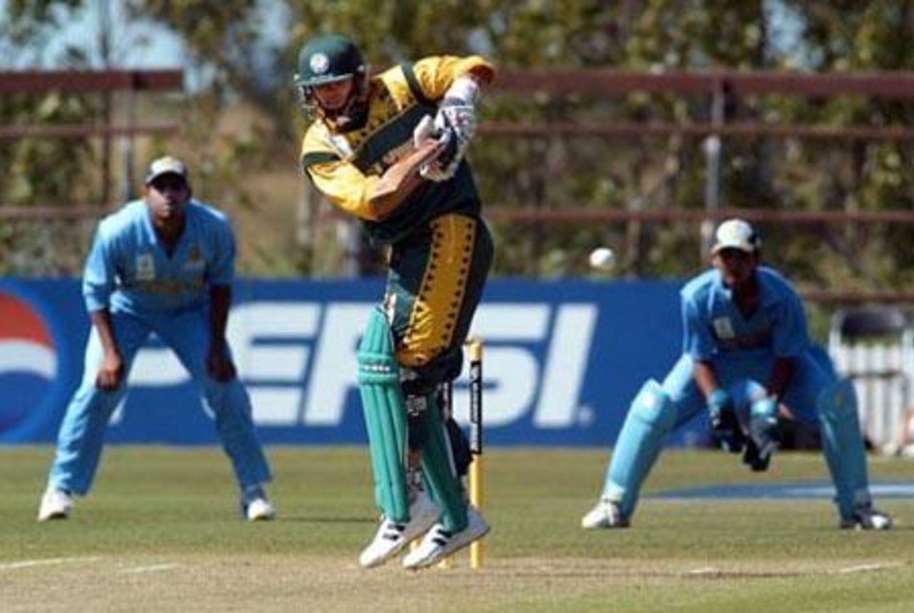 South Africa Under-19 batsman Greg Smith plays a delivery to the leg side during his innings of 61. 1st ICC Under-19 World Cup Super League Semi Final: India Under-19s v South Africa Under-19s at Bert Sutcliffe Oval, Lincoln, 3 February 2002.