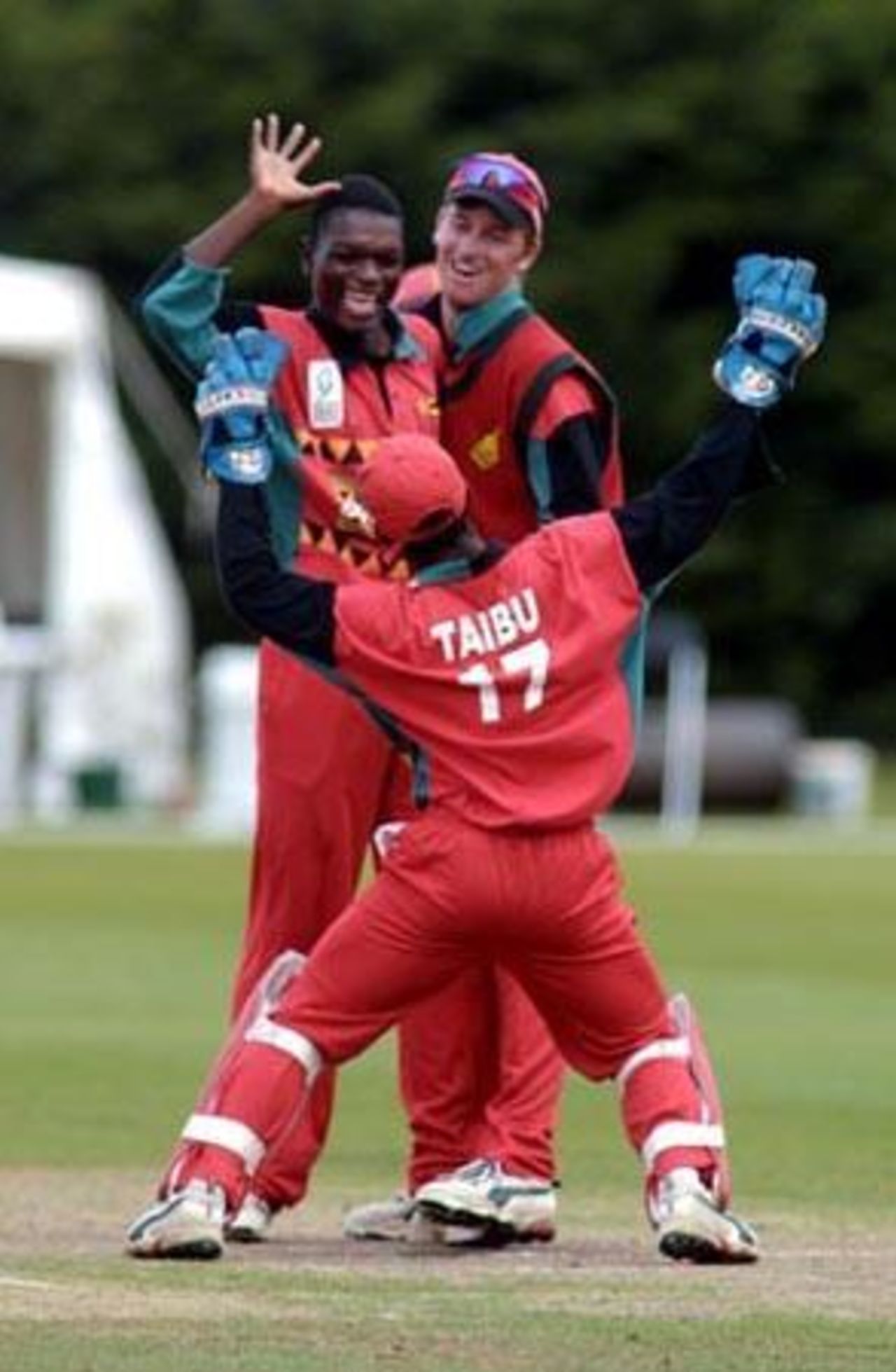 Zimbabwe Under-19 bowler Waddington Mwayenga celebrates the dismissal of Namibia Under-19 batsman Hugo Ludik, bowled for 0, with team-mates. 1st ICC Under-19 World Cup Plate Championship Semi Final: Namibia Under-19s v Zimbabwe Under-19s at Lincoln No. 3, Lincoln, 4 February 2002.