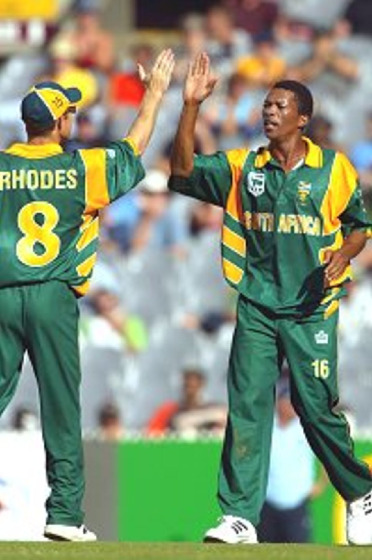 6 Feb 2002: Makhaya Ntini of South Africa celebrates after taking his fifth wicket, during the first final of the VB Series, played between New Zealand and South Africa at the Melbourne Cricket Ground, Melbourne, Australia.