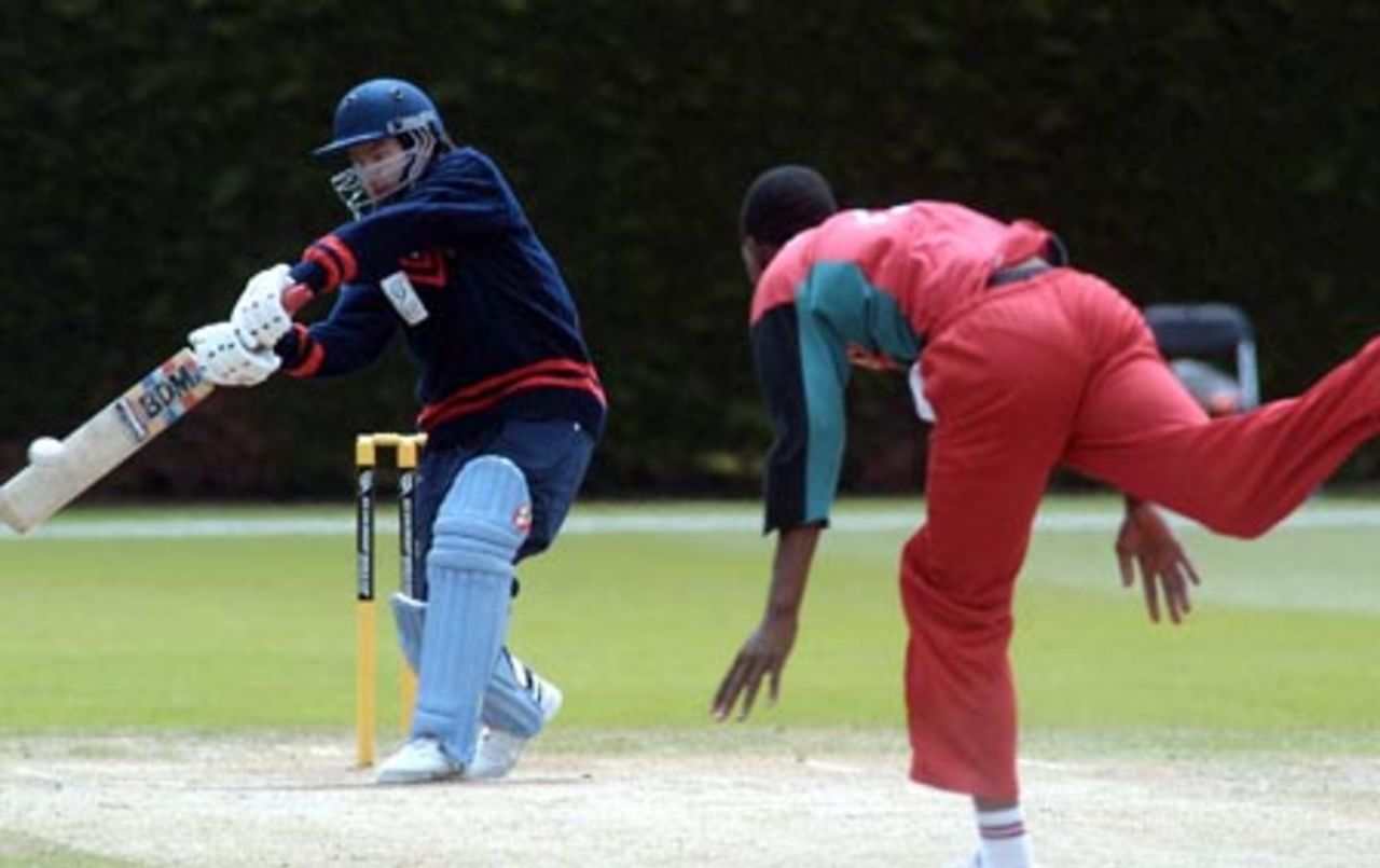 Nepal Under-19 batsman Yashwant Subedi cuts a delivery from Zimbabwe Under-19 bowler Alfred Mbwembwe during his innings of five. ICC Under-19 World Cup Plate Championship Final: Nepal Under-19s v Zimbabwe Under-19s at Lincoln No. 3, Lincoln, 8 February 2002.