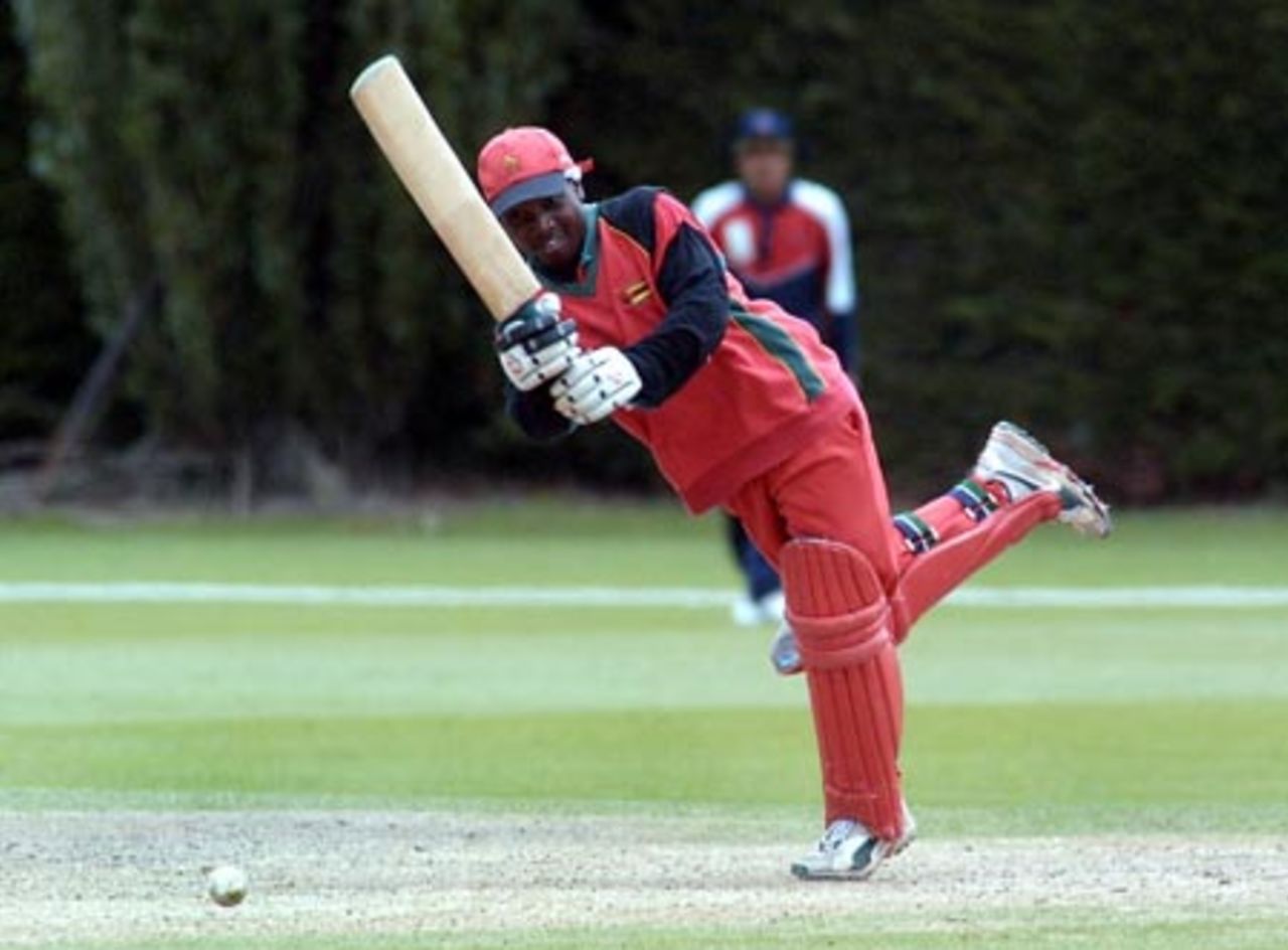 Zimbabwe Under-19 batsman Tatenda Taibu drives a delivery down the ground on the leg side during his innings of 65 not out. ICC Under-19 World Cup Plate Championship Final: Nepal Under-19s v Zimbabwe Under-19s at Lincoln No. 3, Lincoln, 8 February 2002.