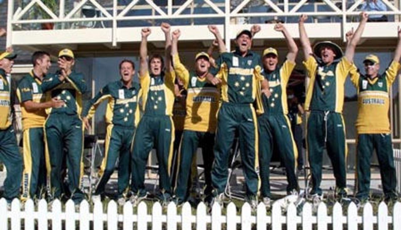 Australia Under-19 players celebrate as the winning runs are hit by Jarrad Burke. ICC Under-19 World Cup Super League Final: Australia Under-19s v South Africa Under-19s at Bert Sutcliffe Oval, Lincoln, 9 February 2002.