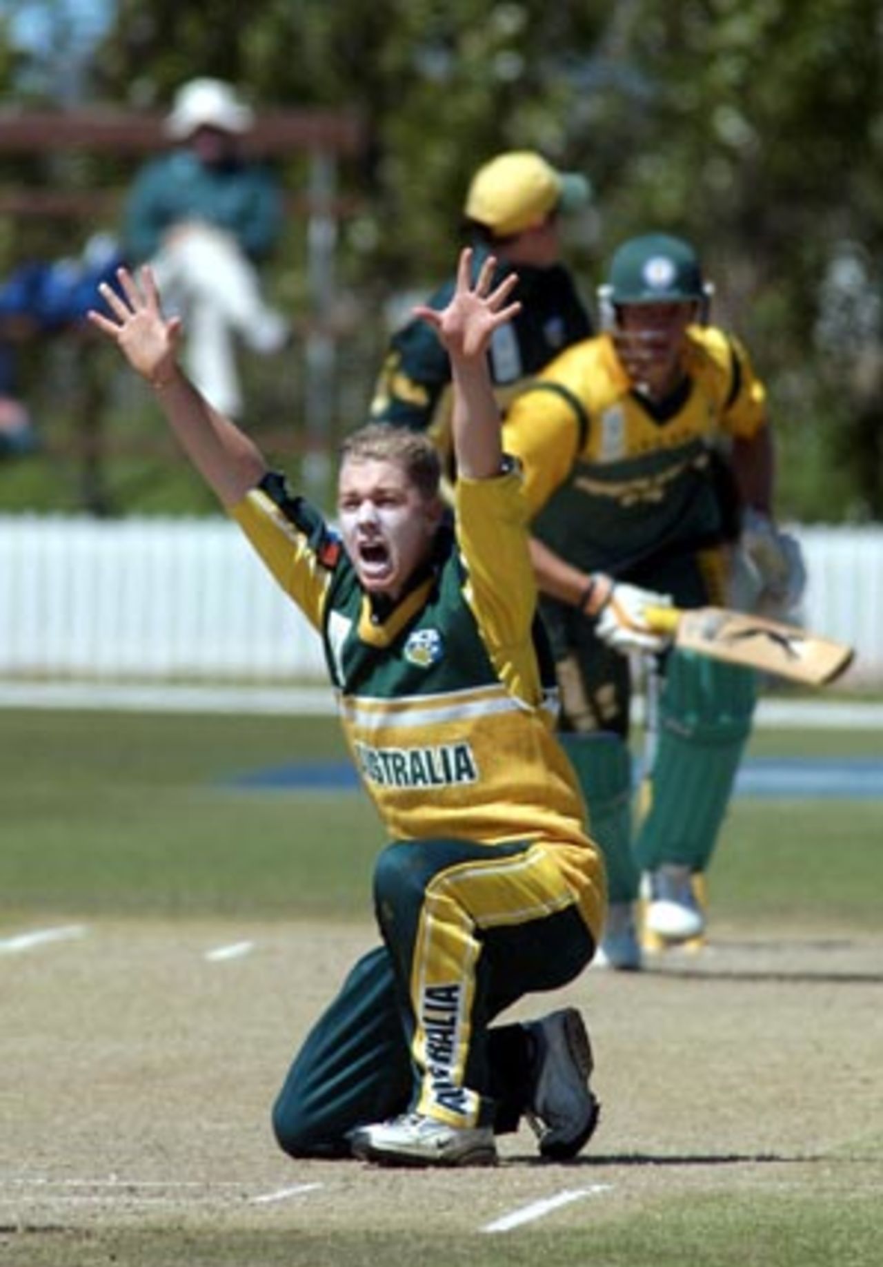 Australia Under-19 bowler Xavier Doherty unsuccessfully appeals for lbw during his spell of 2-26 from 10 overs. ICC Under-19 World Cup Super League Final: Australia Under-19s v South Africa Under-19s at Bert Sutcliffe Oval, Lincoln, 9 February 2002.