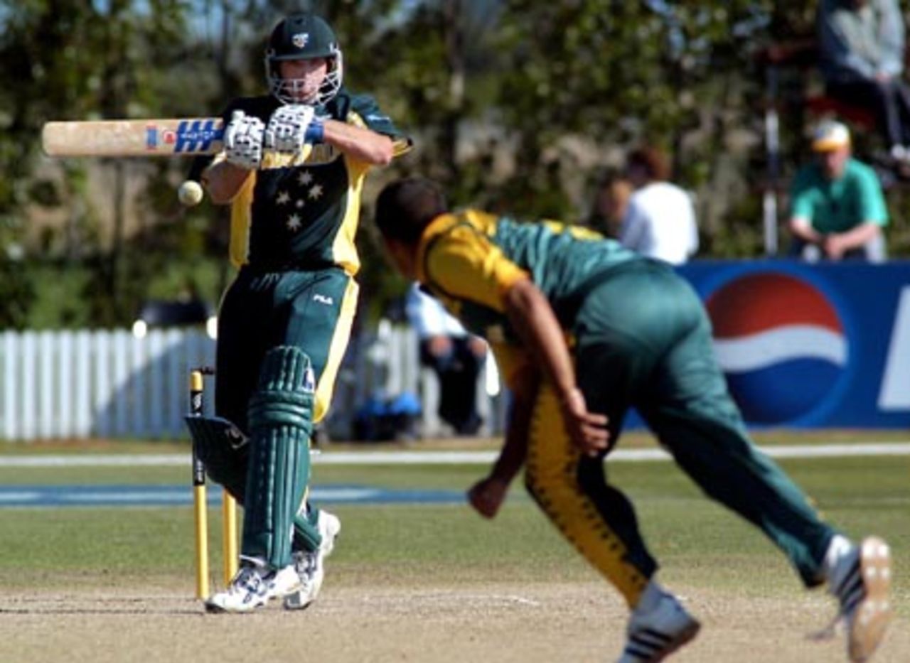 Australia Under-19 batsman Cameron White shapes to pull a delivery from South Africa Under-19 bowler Ryan Bailey during his innings of 22. ICC Under-19 World Cup Super League Final: Australia Under-19s v South Africa Under-19s at Bert Sutcliffe Oval, Lincoln, 9 February 2002.