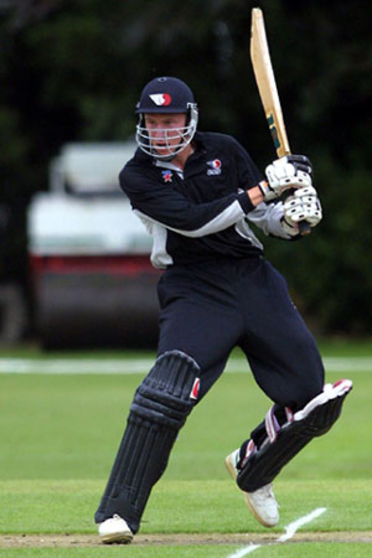New Zealand Under-19 batsman Stephen Murdoch cuts a delivery during his innings of 44. ICC Under-19 World Cup Warmup: New Zealand Under-19s v Pakistan Under-19s at Lincoln No. 3, Lincoln, 17 January 2002.