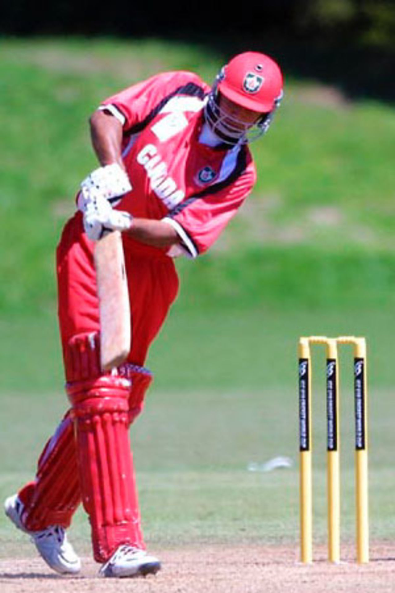 Canada Under-19 batsman Umar Bhatti drives a delivery down the ground during his innings of 33. ICC Under-19 World Cup Group A: Bangladesh Under-19s v Canada Under-19s at Colin Maiden Park, Auckland, 22 January 2002.