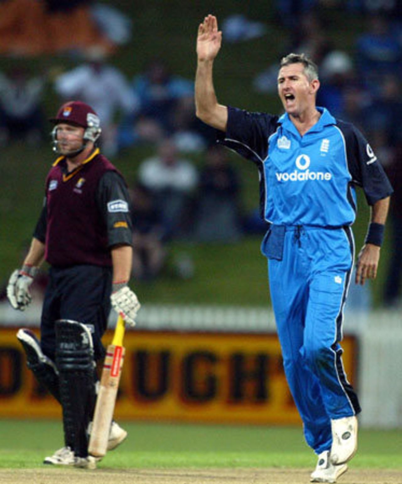 England bowler Andy Caddick celebrates the dismissal of Northern Districts batsman Matthew Hart, caught by Graham Thorpe for one. Michael Parlane looks on. Tour match: Northern Districts v England at WestpacTrust Park, Hamilton, 8 February 2002.