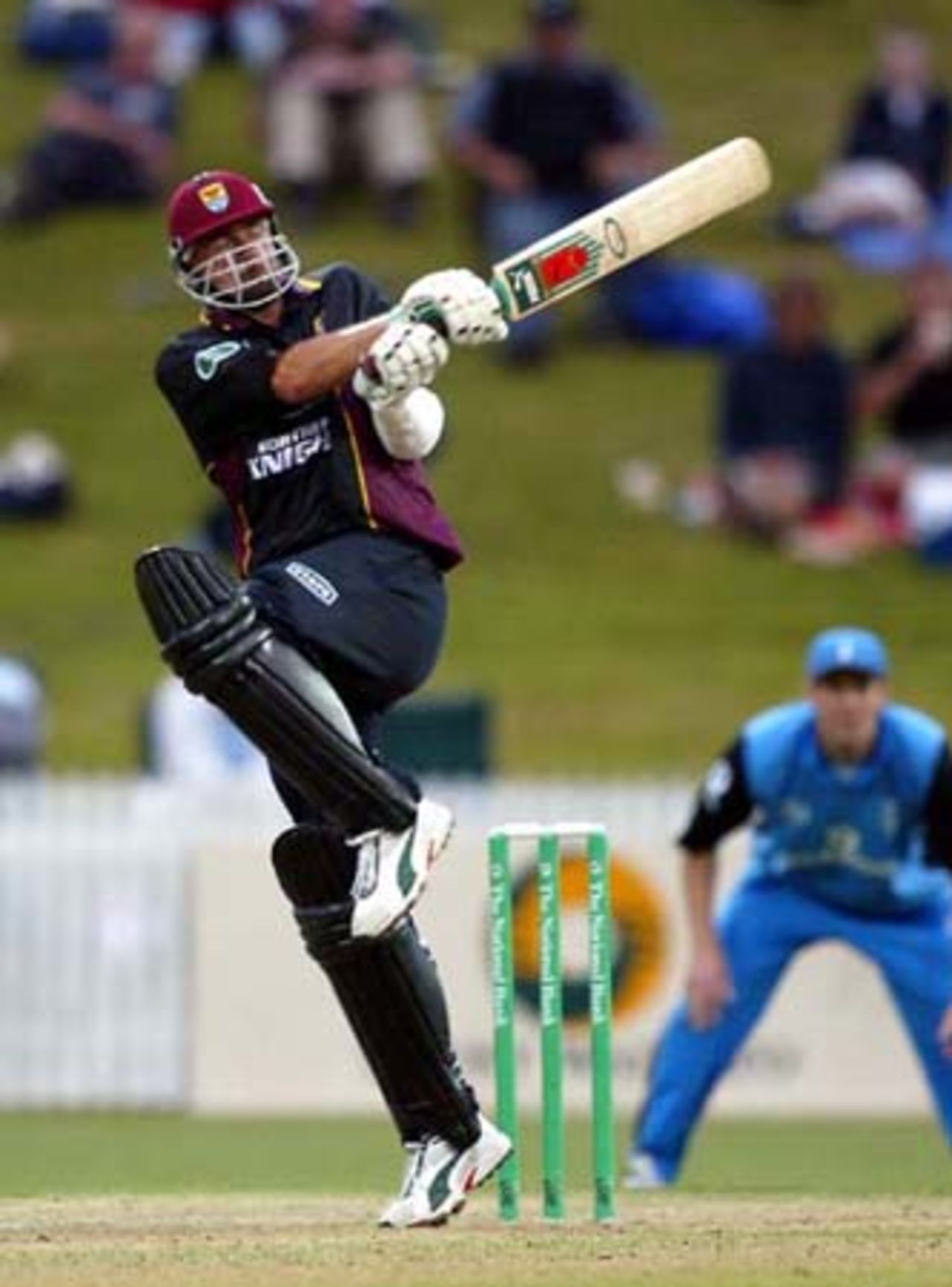 Northern Districts batsman Simon Doull pulls a delivery standing on one leg during his innings of 80. Tour match: Northern Districts v England at WestpacTrust Park, Hamilton, 8 February 2002.