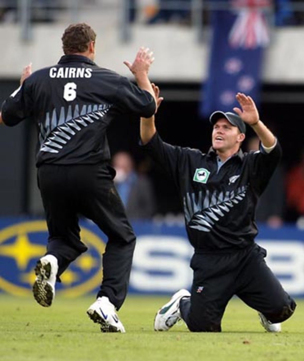 New Zealand bowler Chris Cairns and fielder Lou Vincent celebrate the dismissal of England batsman Andrew Flintoff, caught by Vincent for 12. 1st ODI: New Zealand v England at Jade Stadium, Christchurch, 13 February 2002.