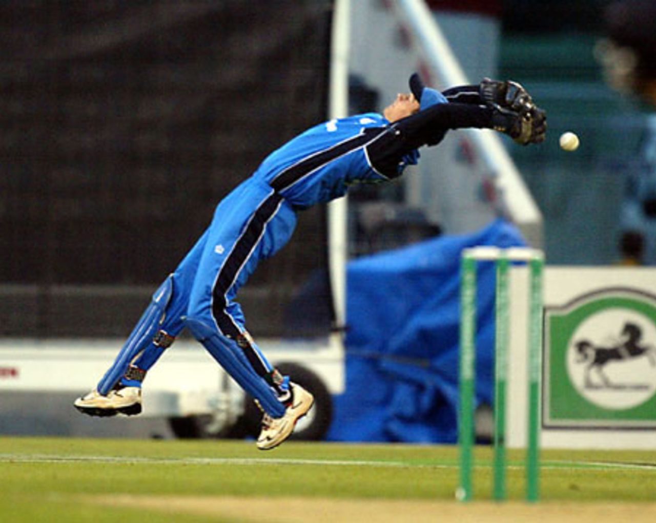 England wicket-keeper James Foster drops a catch from New Zealand batsman Nathan Astle off the bowling of Andy Caddick. Astle was on 11 and went on to score 67 not out. 1st ODI: New Zealand v England at Jade Stadium, Christchurch, 13 February 2002.