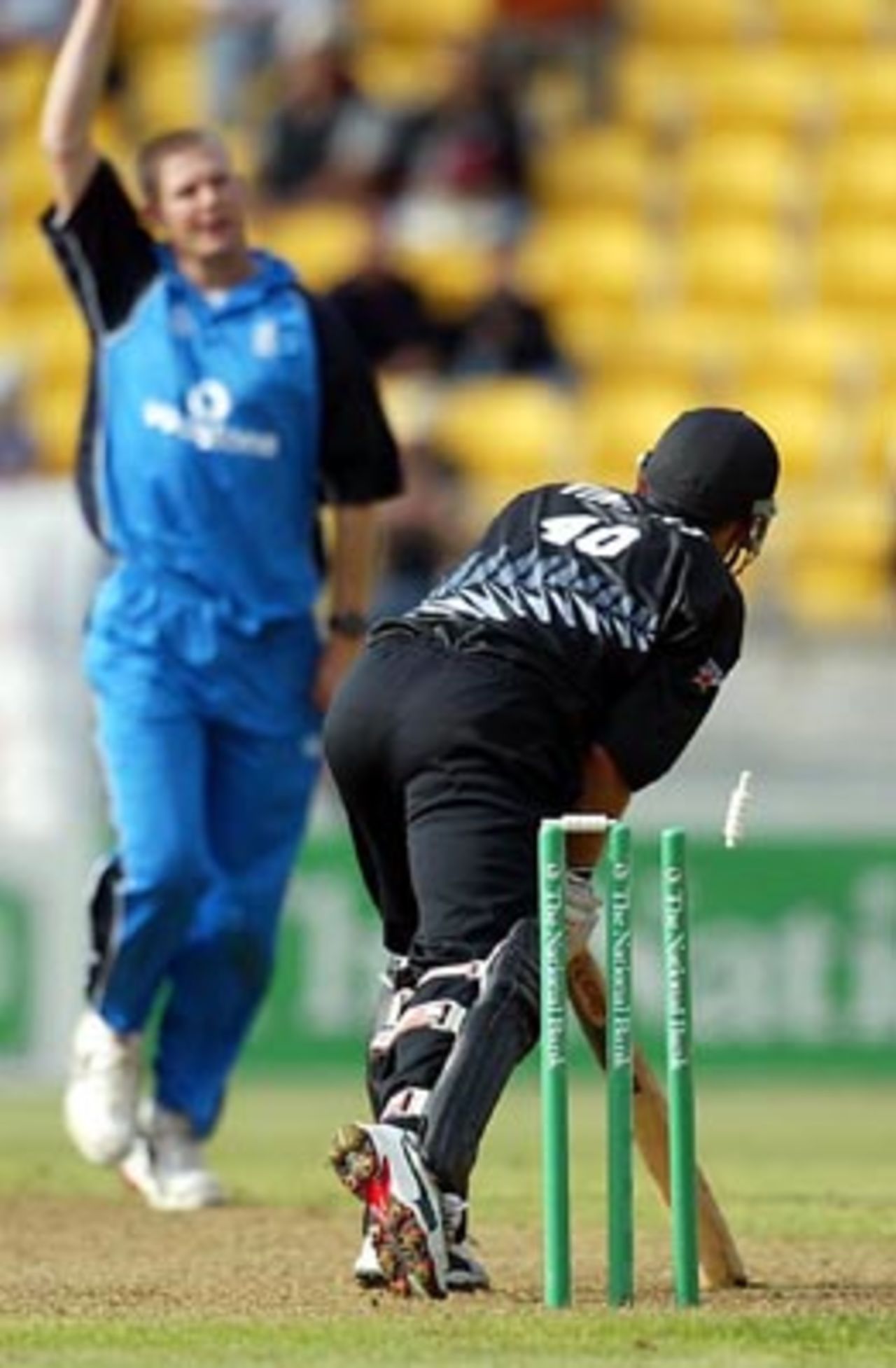 New Zealand batsman Lou Vincent is bowled by England bowler Matthew Hoggard for 36. 2nd ODI: New Zealand v England at WestpacTrust Stadium, Wellington, 16 February 2002.