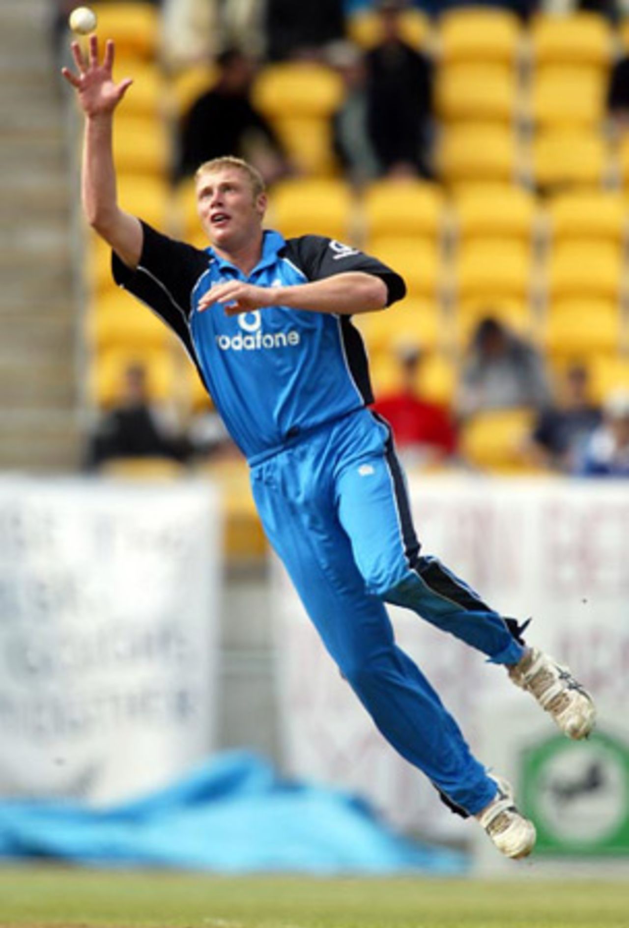 England bowler Andrew Flintoff fields off his own bowling during his spell of 1-46 from 10 overs. 2nd ODI: New Zealand v England at WestpacTrust Stadium, Wellington, 16 February 2002.
