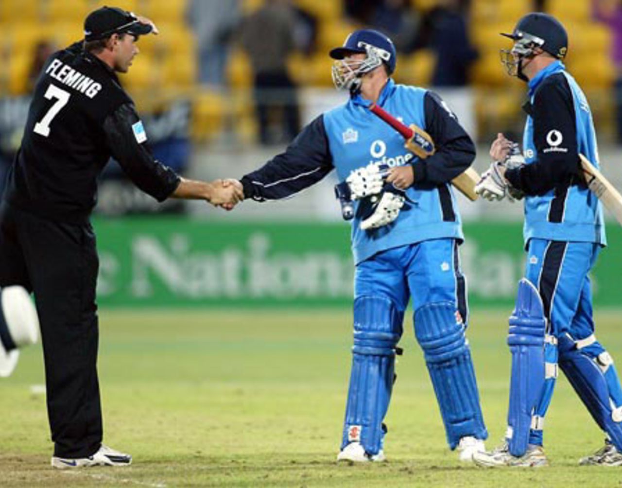 New Zealand captain Stephen Fleming shakes hands with England batsman Darren Gough at the end of the match. Matthew Hoggard (right) looks on. 2nd ODI: New Zealand v England at WestpacTrust Stadium, Wellington, 16 February 2002.