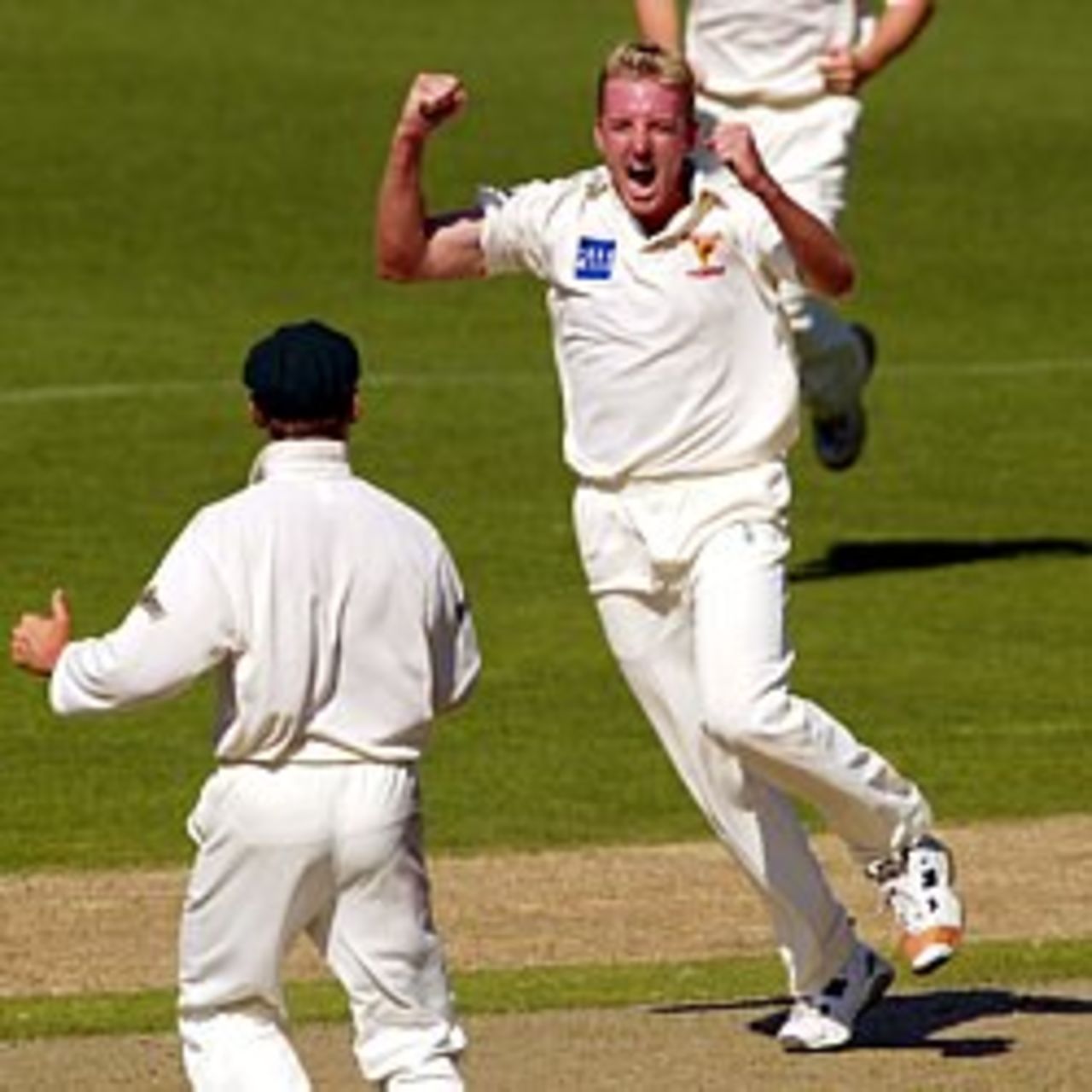 19 Feb 2002: Damien Wright of Tasmania celebrates after bowling Jason Arnberger of Victoria for ten, during day three of the Pura Cup match between Victoria and Tasmania played at the Melbourne Cricket Ground, Melbourne, Australia.