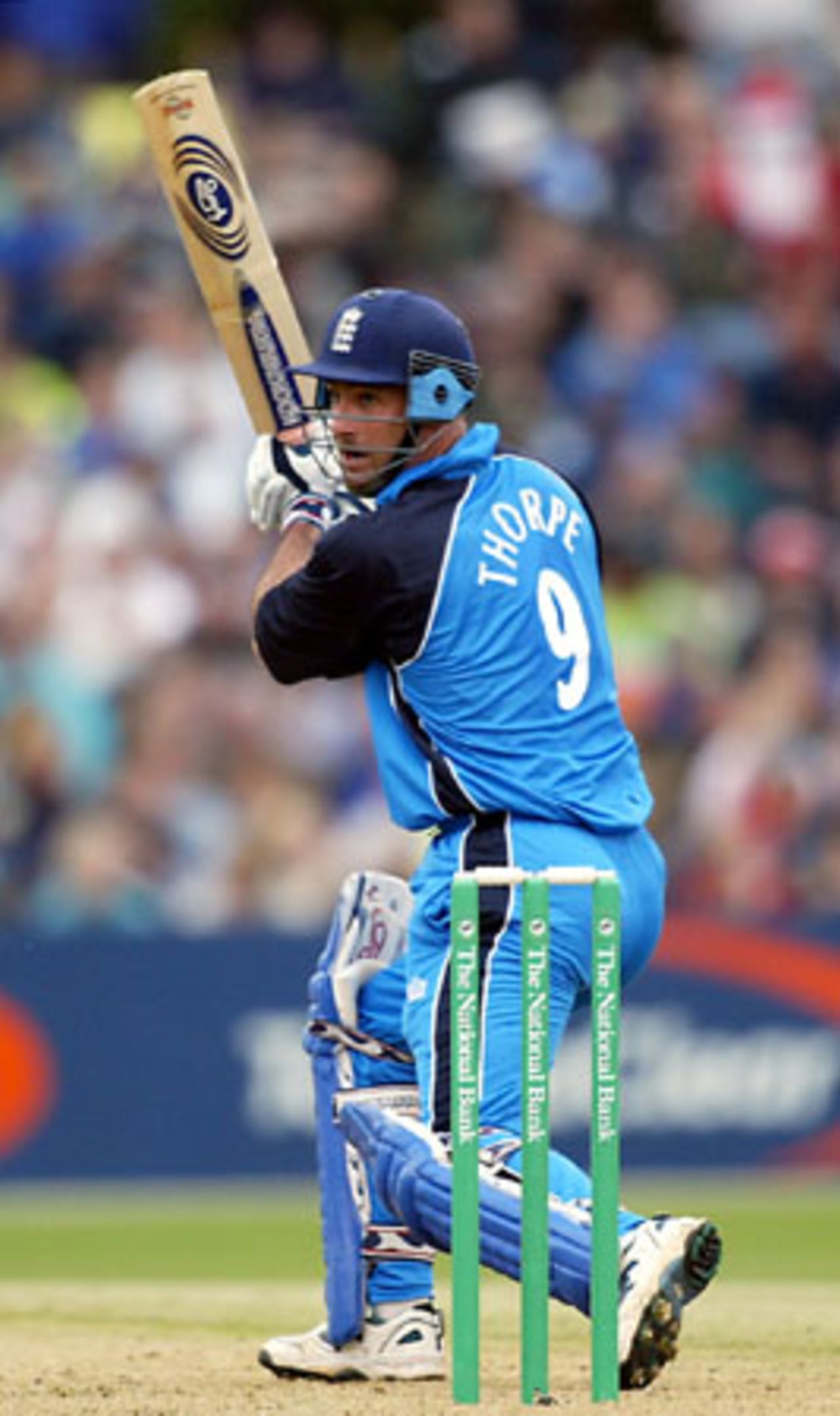 England batsman Graham Thorpe cuts a delivery during his innings of 52. 3rd ODI: New Zealand v England at McLean Park, Napier, 20 February 2002.