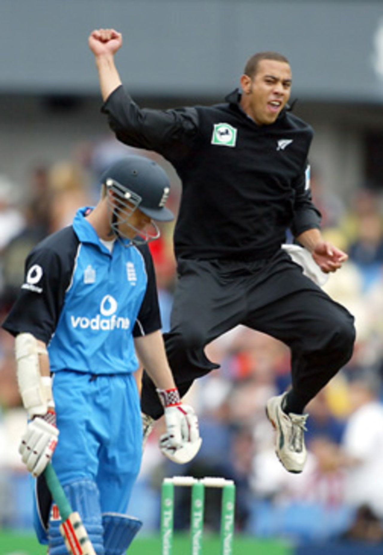 New Zealand bowler Andre Adams leaps to wrongly celebrate the dismissal of England batsman Nick Knight. Umpire Doug Cowie turned down the appeal for caught behind. 4th ODI: New Zealand v England at Eden Park, Auckland, 23 February 2002.