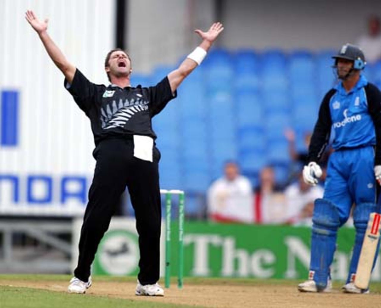 New Zealand bowler Chris Cairns celebrates a successful appeal for lbw against England batsman Nasser Hussain. Hussain was dismissed for 17 during Cairns' spell of 2-39 from eight overs. 4th ODI: New Zealand v England at Eden Park, Auckland, 23 February 2002.