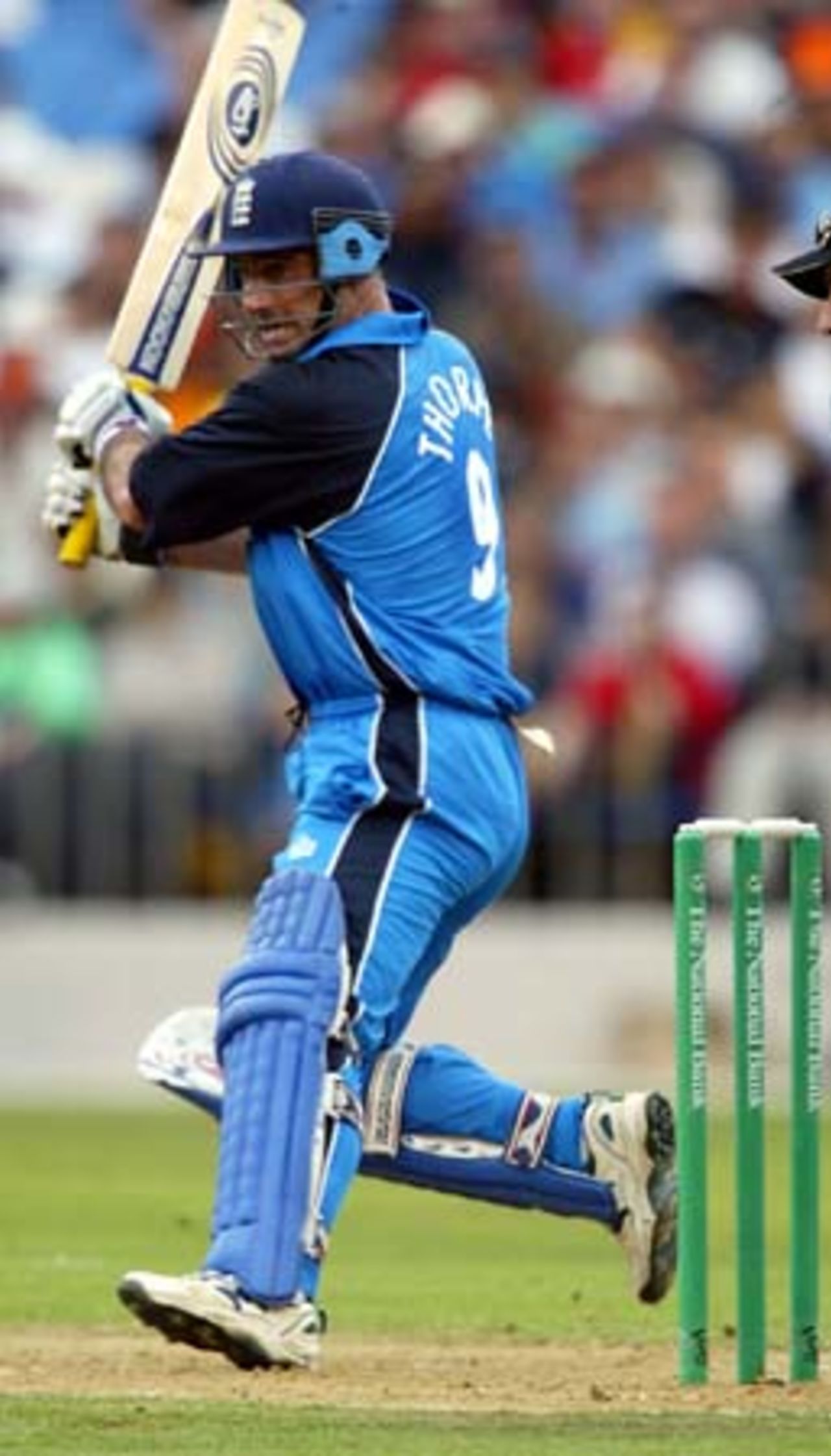 England batsman Graham Thorpe cuts a delivery during his innings of 59 not out. 4th ODI: New Zealand v England at Eden Park, Auckland, 23 February 2002.