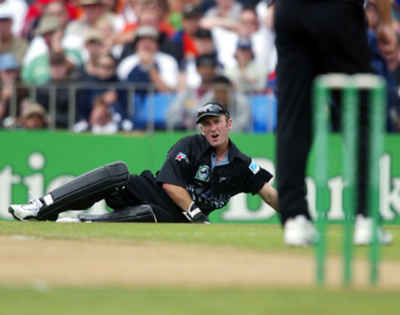 New Zealand wicket-keeper Chris Nevin drops a catch from England batsman Nick Knight off the bowling of Chris Cairns Cairns. Knight was on 28 at the time and went on to score 38. 4th ODI: New Zealand v England at Eden Park, Auckland, 23 February 2002.